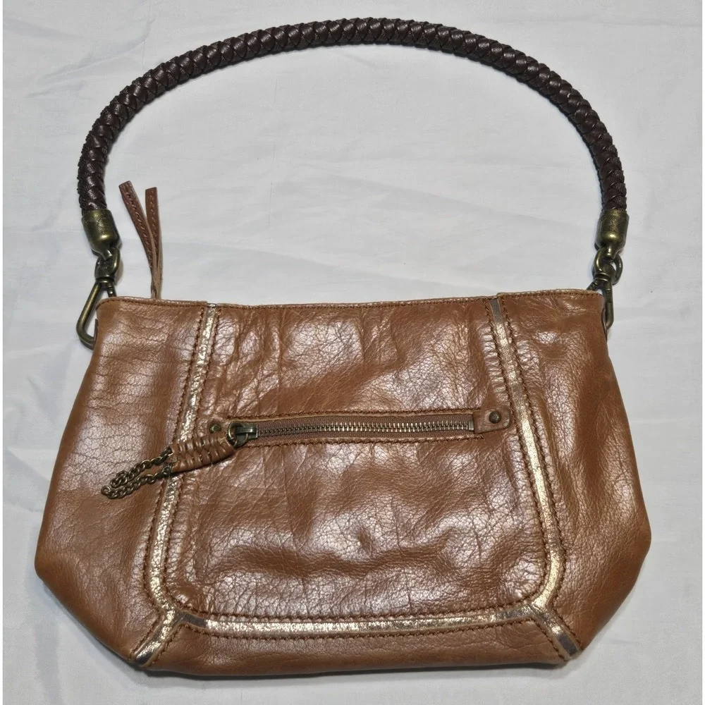 The Sak Leather Hobo Handbag Braided Strap Bronze Metallic Accent Pockets Zip - Picture 1 of 11
